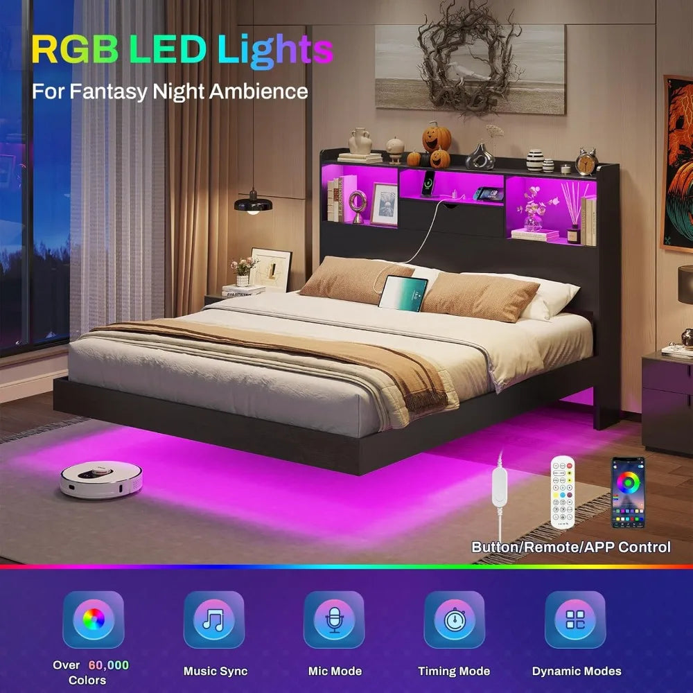 Floating Bed Frame with LED Lights and Headboard Storage, Visual Floating Bed with Charing Station,Queen Size Metal Platform Bed