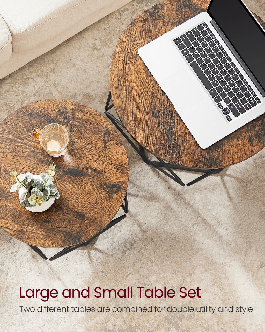 VASAGLE Small Coffee Table Set of 2, Round Coffee Table with Steel Frame, Side End Table for Living Room, Bedroom, Office