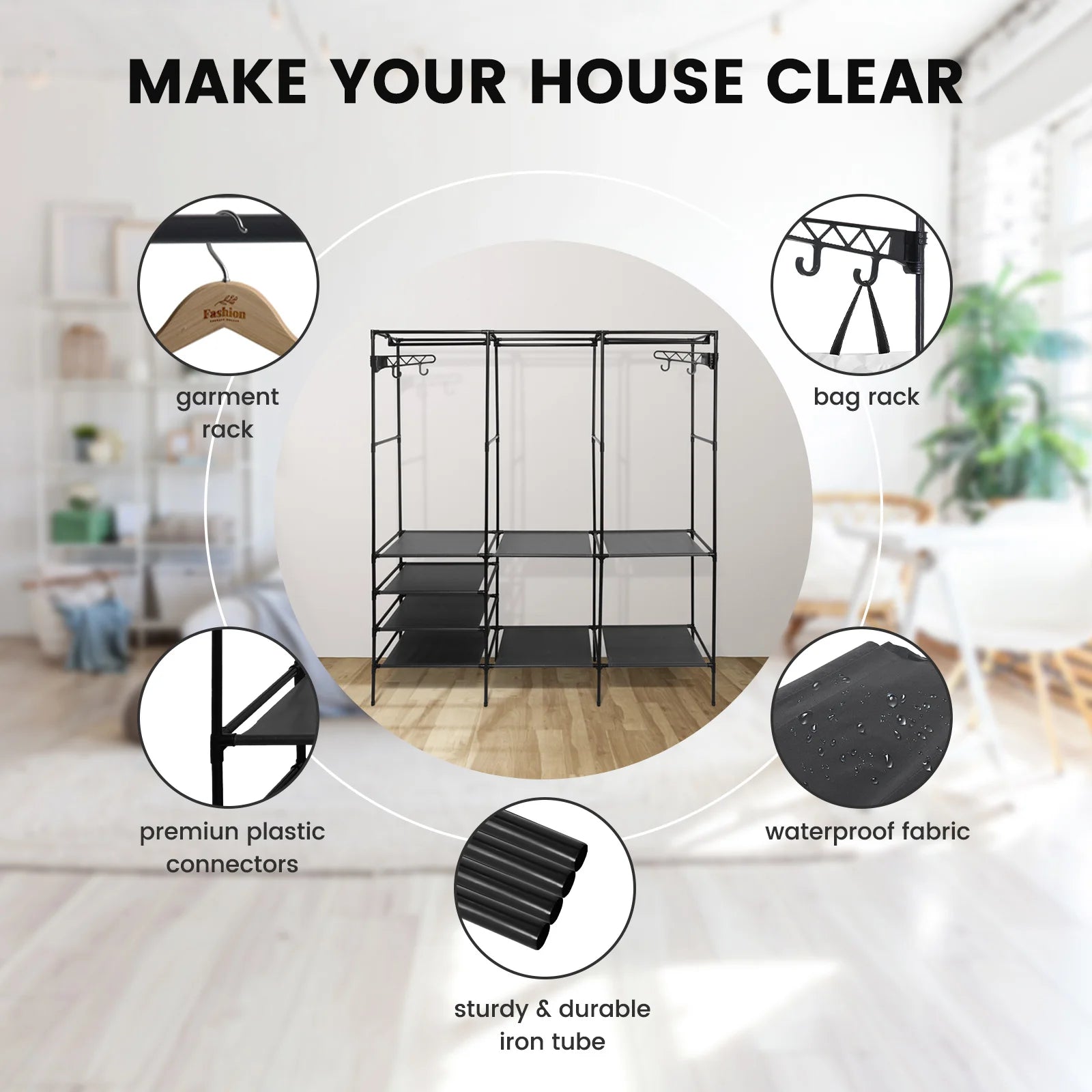 Garment Rack Shoe Clothing Organizer System Shelves Freestanding Multifunctional Clothes Wardrobe Metal Black