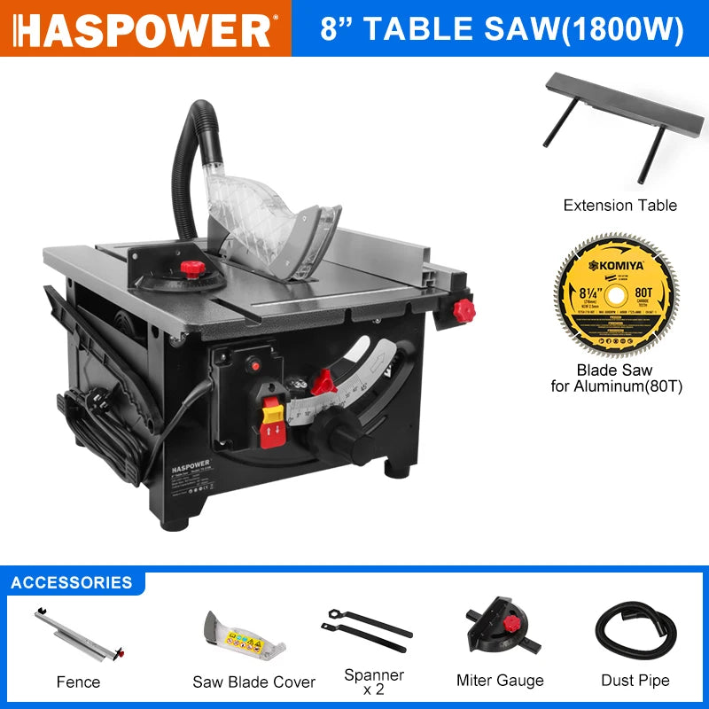 HASPOWER 8 Inch Woodworking Table Saw Portable  Wood Cutting Machine
