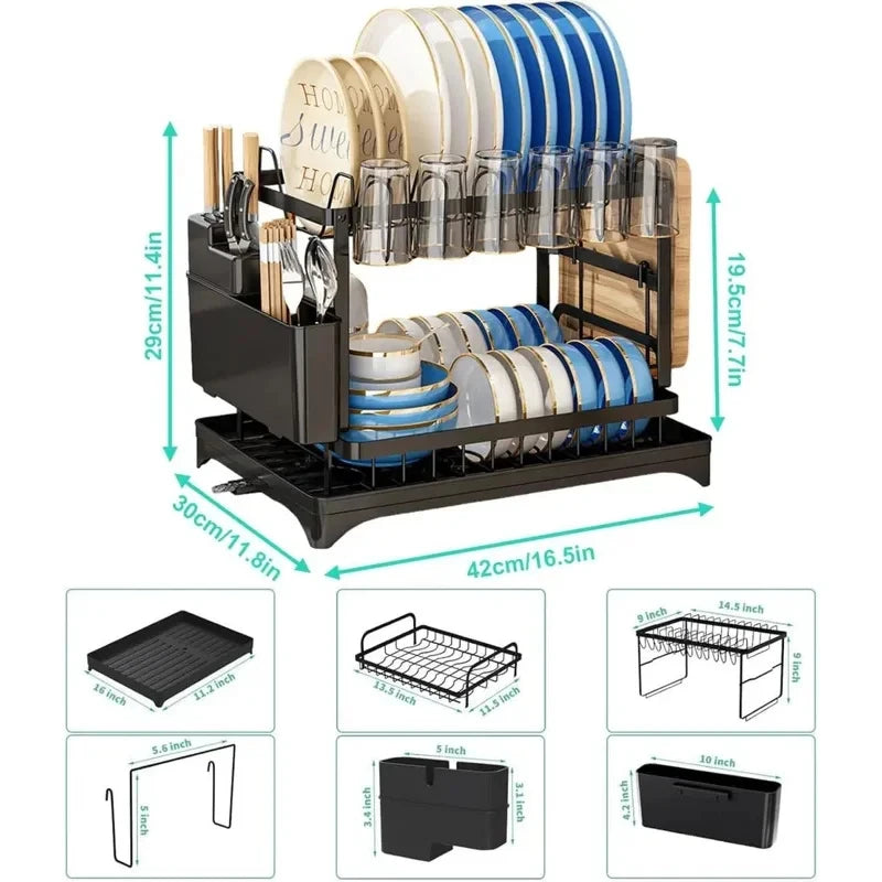 Kitchen Countertop Organizer 2-Tier Rustproof Metal Dish Drying Rack with Drain Tray Large Capacity
