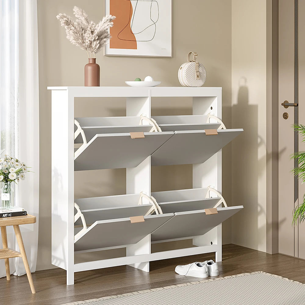 Haodirect white 4 compartment flip entrance narrow shoe cabinet, wooden shoe rack,102cm W x 24cm D x 103cm H