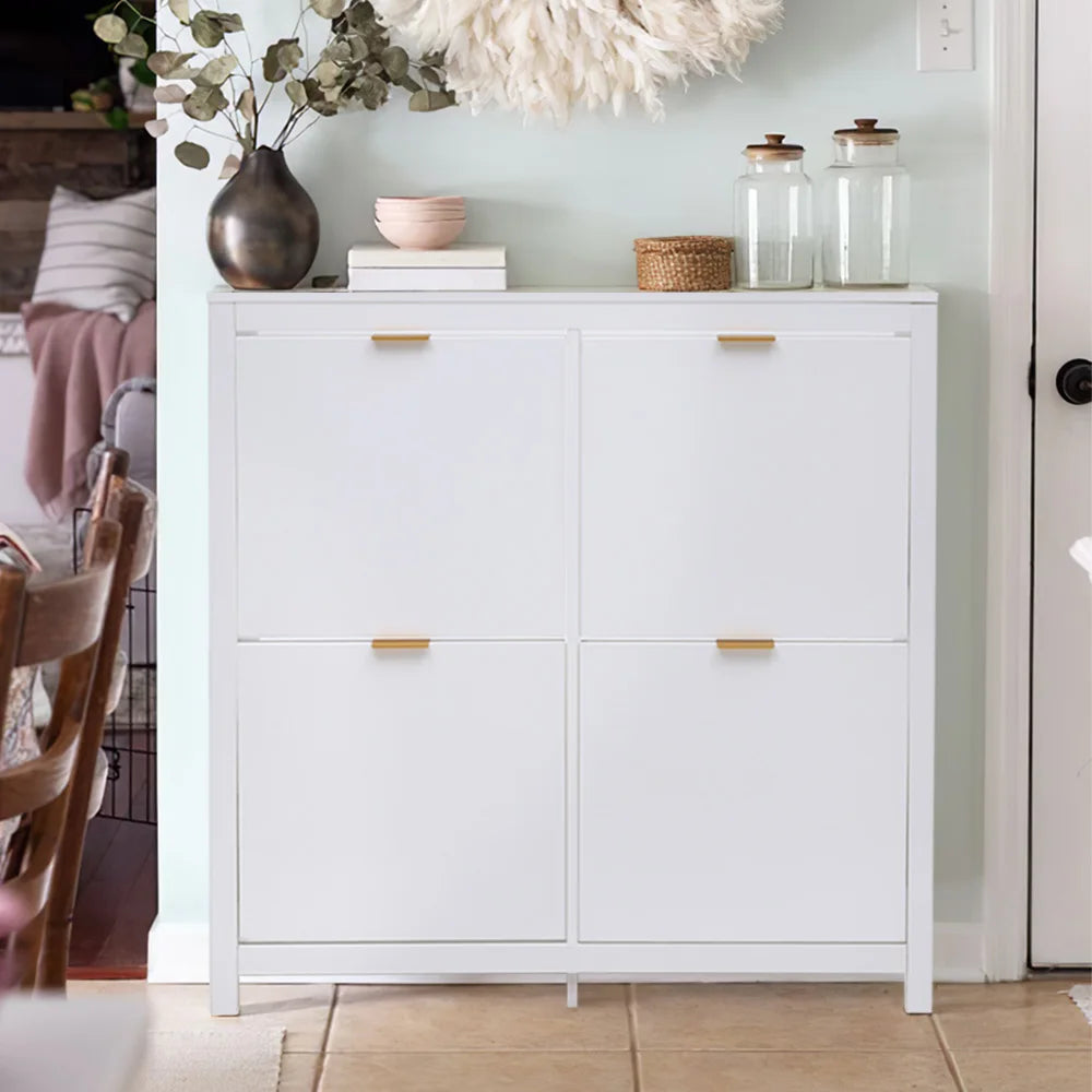 Haodirect white 4 compartment flip entrance narrow shoe cabinet, wooden shoe rack,102cm W x 24cm D x 103cm H