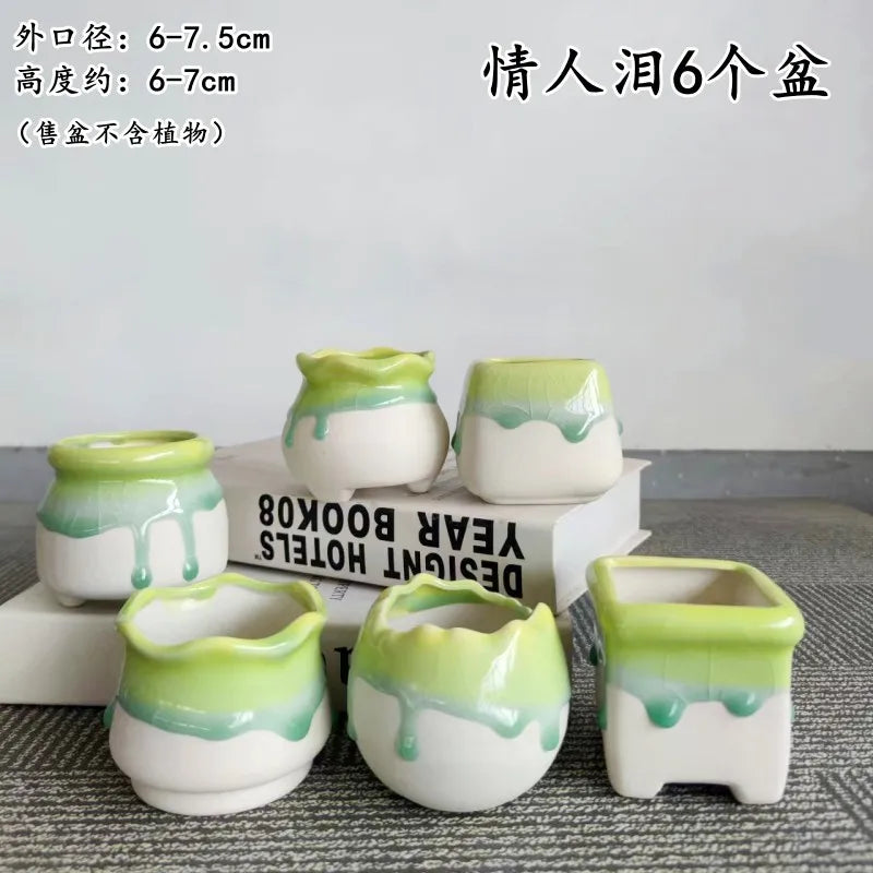 4/6pcs Creative Succulent Planters Succulent Pot Ice Cracked Flow Glaze Peach Egg Ceramic Green Plant Pot Planter Flower Pot