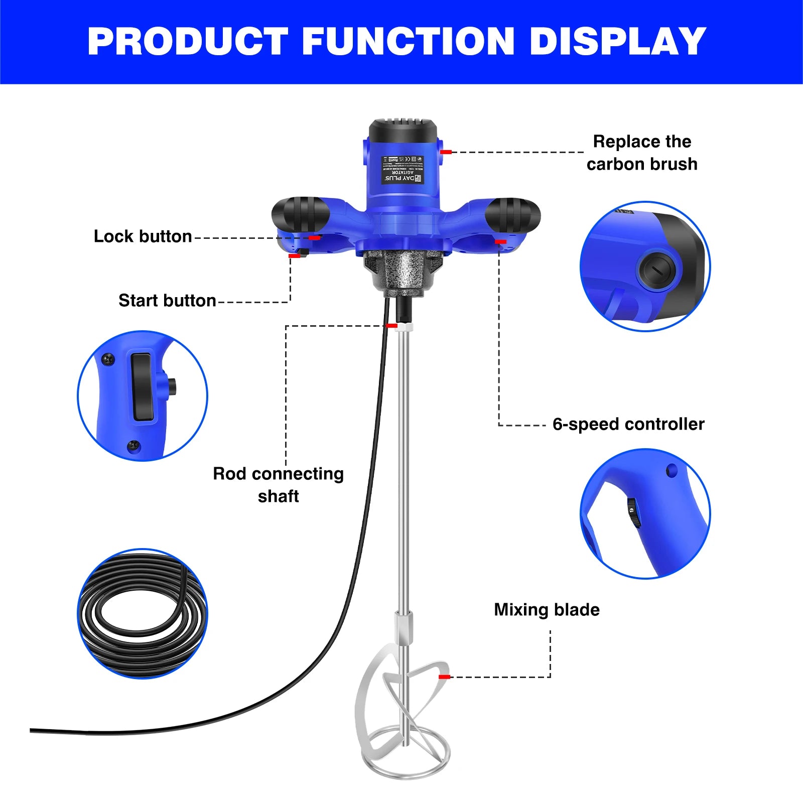 Handheld Paint Concrete Mixer Machine Paddle Mixer Adjustable 6 Speed Stirrer Electric Mix Stirring Tool M14 Mixing Rod 2600W