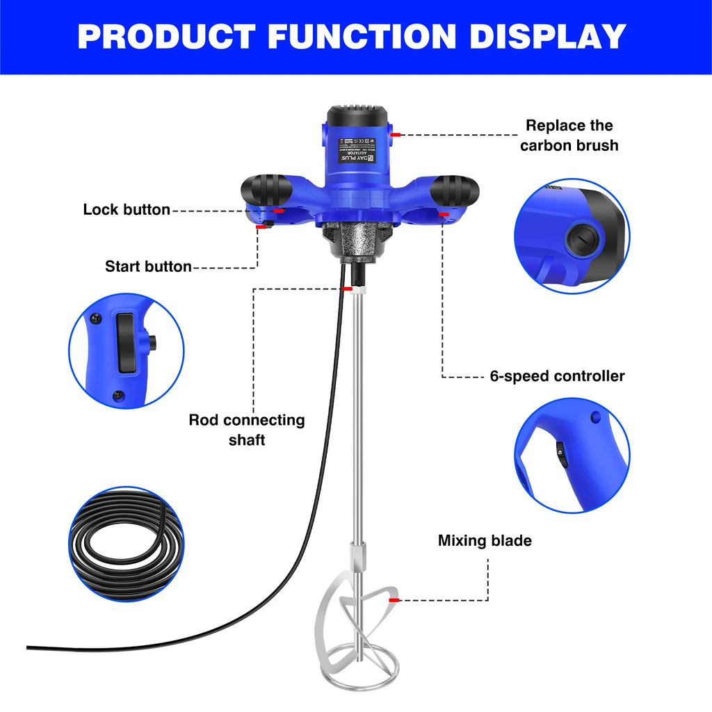 Handheld Paint Concrete Mixer Machine Paddle Mixer Adjustable 6 Speed Stirrer Electric Mix Stirring Tool M14 Mixing Rod 2600W
