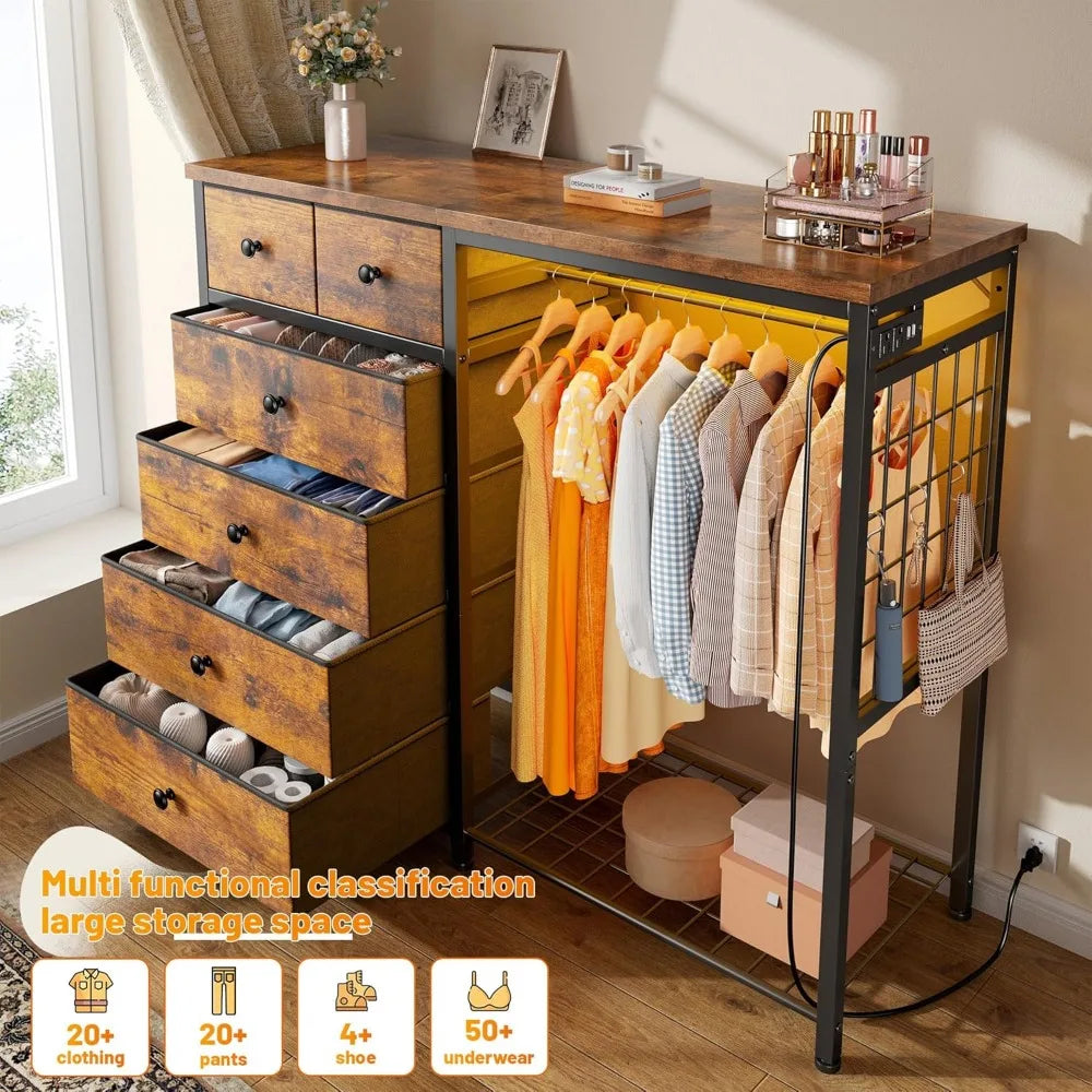 49.2" W Dresser for Bedroom with Hanging Rack 6 Drawers Dresser with LED Lights & Charging Station, Fabric Dressers & Chest of D