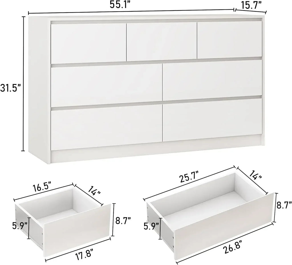 White Malm Dresser for Bedroom, 55 Inch Long Dresser High Gloss Dresser with 7 Drawers, Modern Large Wood Chest , White