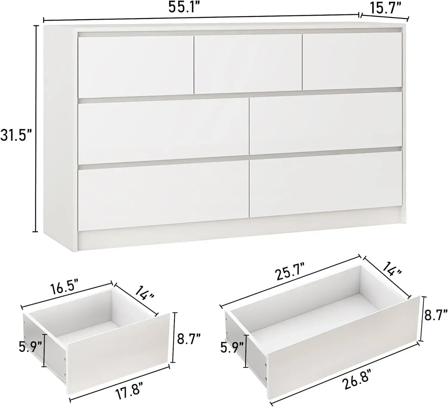White Malm Dresser for Bedroom, 55 Inch Long Dresser High Gloss Dresser with 7 Drawers, Modern Large Wood Chest , White
