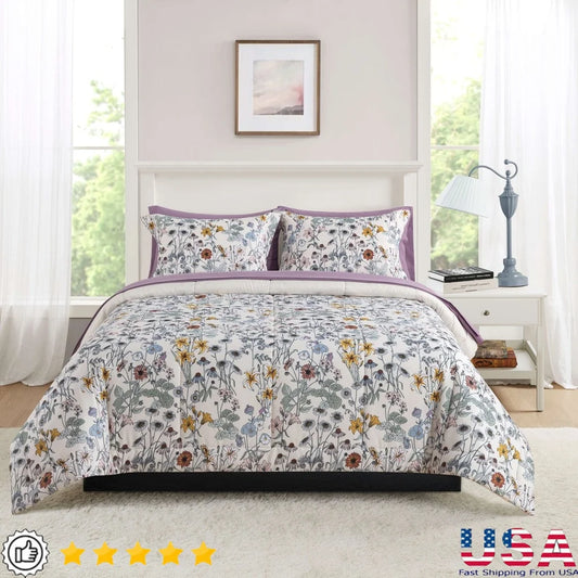 7-Piece Reversible Comforter Set with Sheets Floral Print Soft Polyester King Bedding Includes Pillowcases Shams Storage Bag