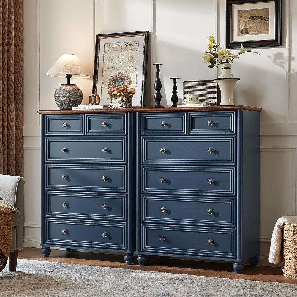 Farmhouse 6 Drawer Dresser, Chest of Drawers for Bedroom, 43.5" Tall Blue Dresser with Roman Column and Metal Handles, Rustic Wo