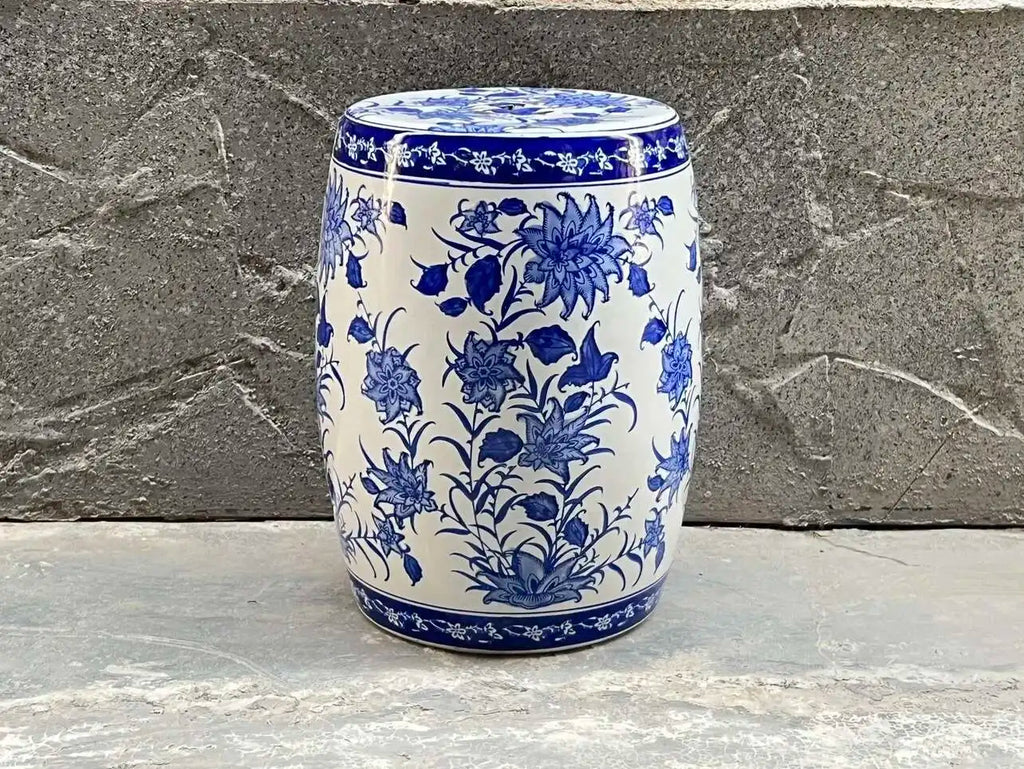 Hand Drawn Blue and White Porcelain Shoe Changing Stool Ceramic Drum Bathroom Neoclassical Imitation Sitting Stool Low Round