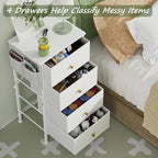 Tall Dresser with 4 Drawers,White Dresser for Bedroom, Tall Storage Tower for Closet,Nursery, Dorm, Dresser Organizer with Frame