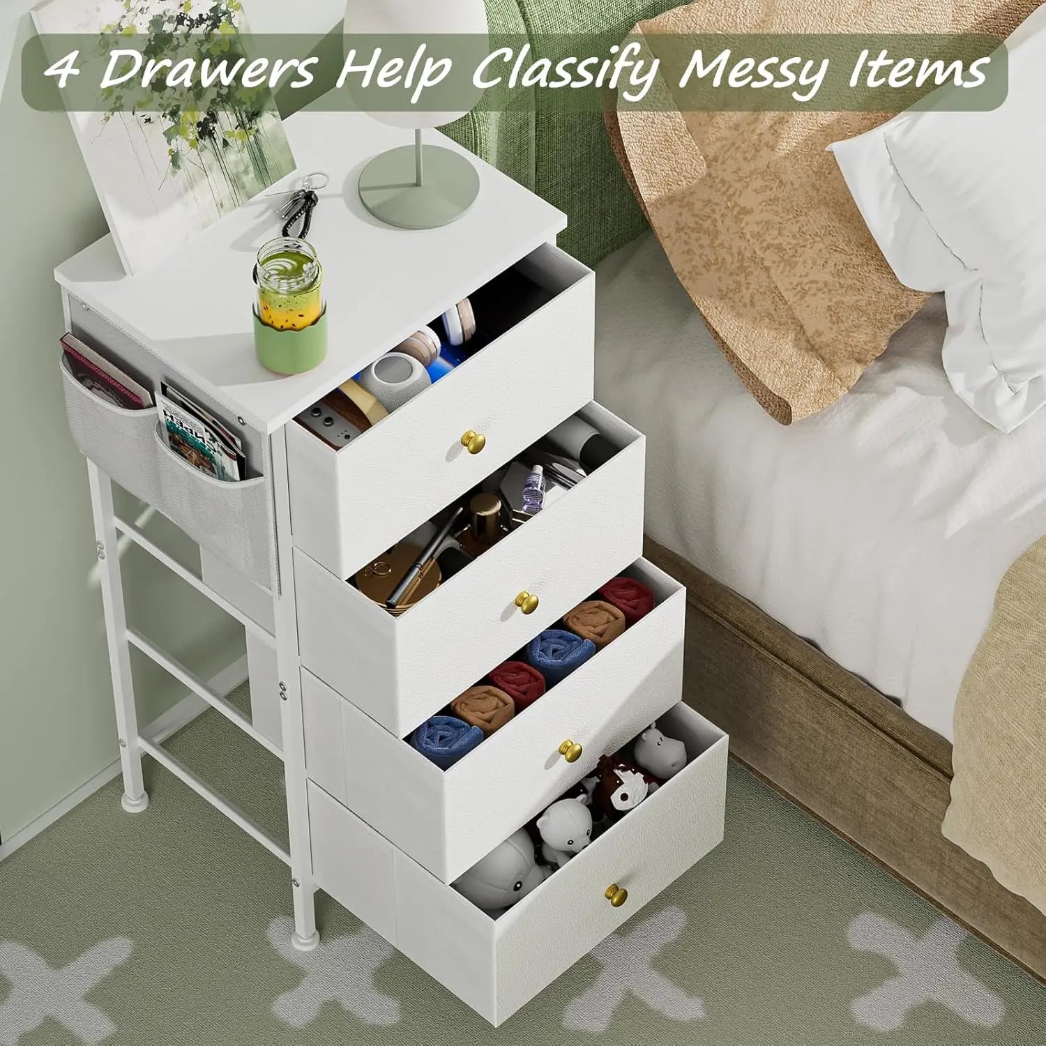 Tall Dresser with 4 Drawers,White Dresser for Bedroom, Tall Storage Tower for Closet,Nursery, Dorm, Dresser Organizer with Frame