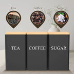 Kitchen Canister Set Coffee Sugar and Tea Storage Container Jars Metal with Bamboo Lid Square Black Snack Jars Kitchen 1000 ML
