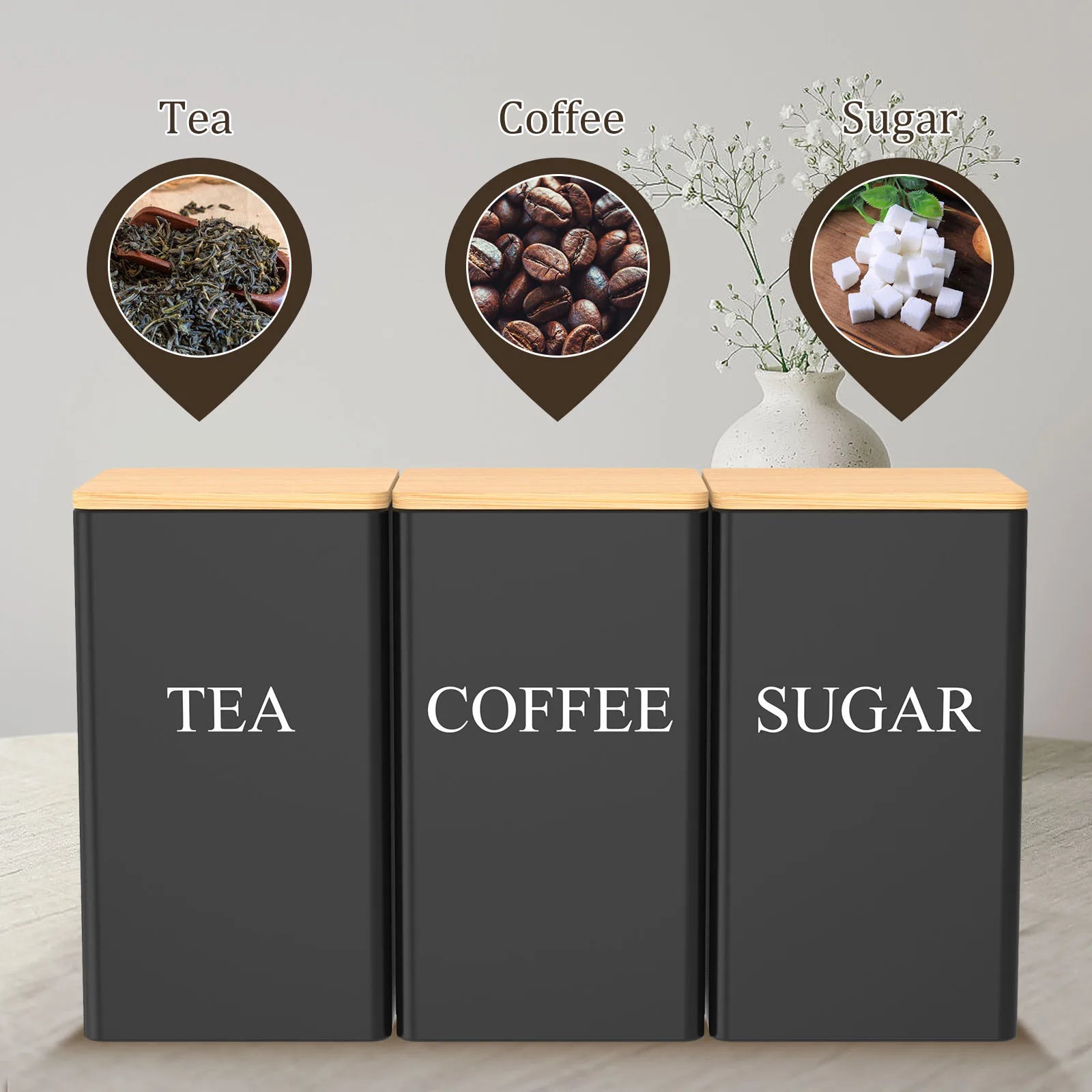 Kitchen Canister Set Coffee Sugar and Tea Storage Container Jars Metal with Bamboo Lid Square Black Snack Jars Kitchen 1000 ML
