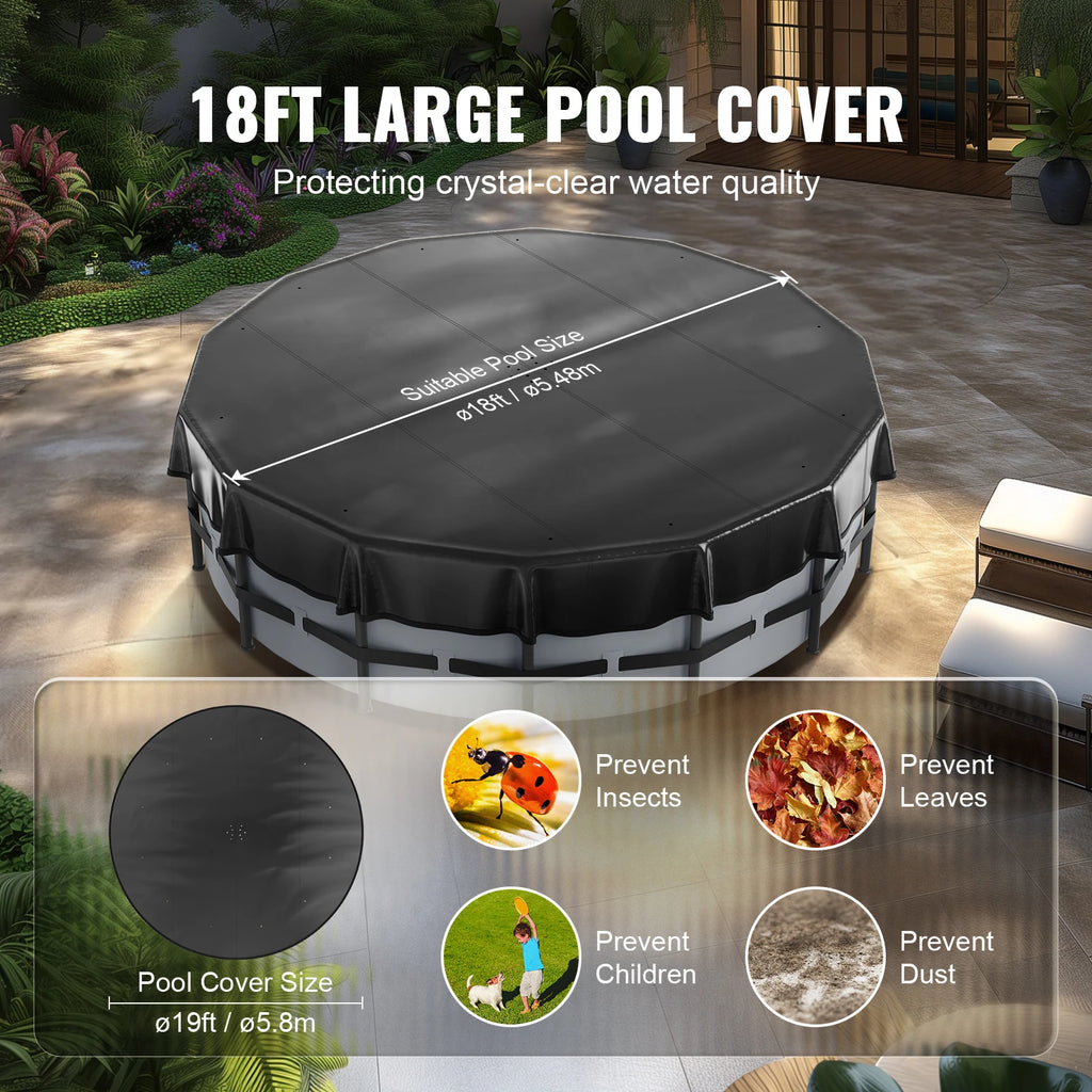 VEVOR 18/15Ft Round Pool Cover Solar Covers for Above Ground Pools Safety Pool Cover with Drawstring Design Black