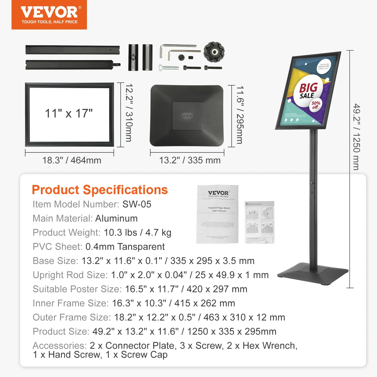 VEVOR 11 x 17 Inch Pedestal Sign Holder Vertical and Horizontal Adjustable Poster Stand Heavy-Duty Floor Standing Sign Holder