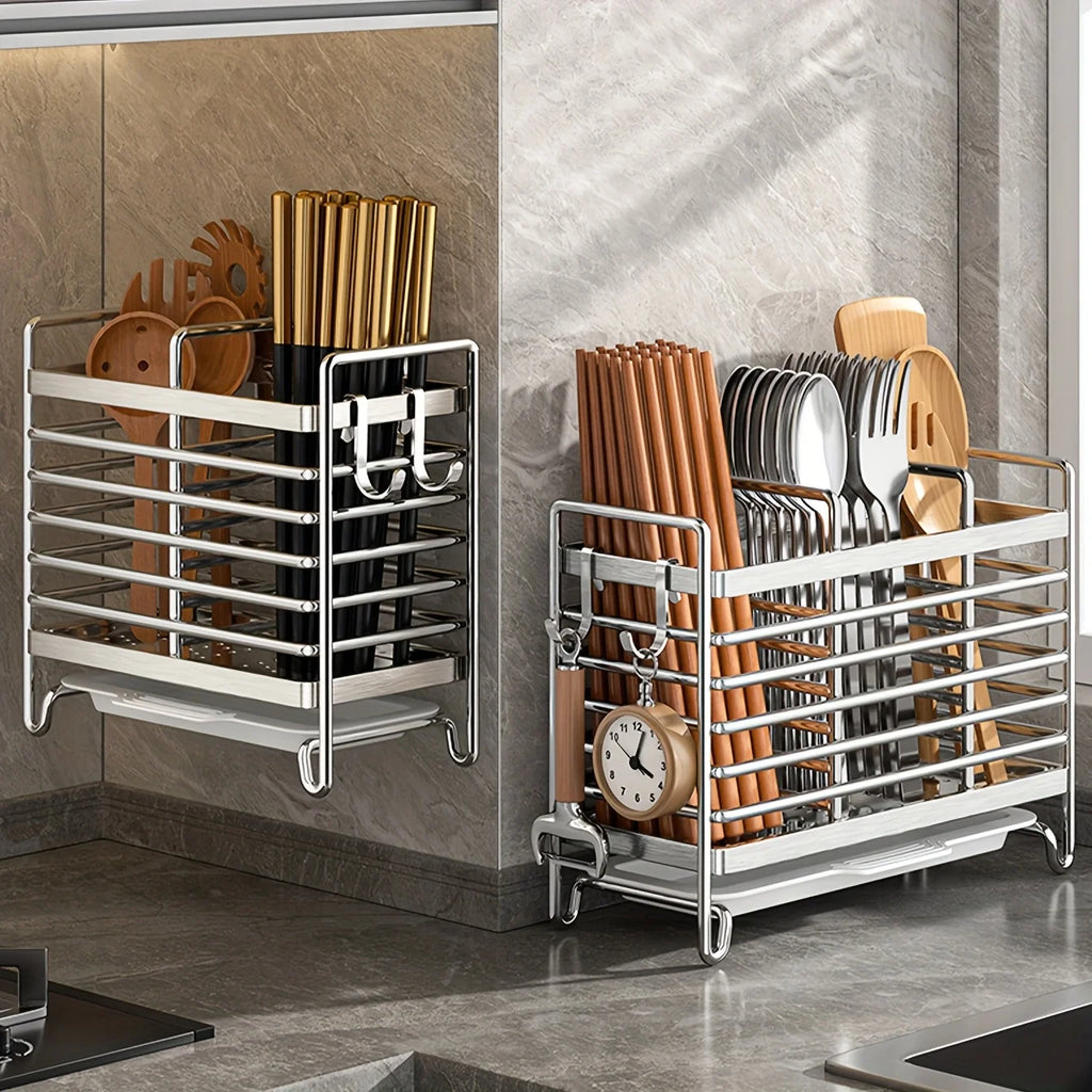 Space-saving 1pc utensil holder: wall-mounted, 2/3 grids, drip tray & 4 hooks. Kitchen must-have!