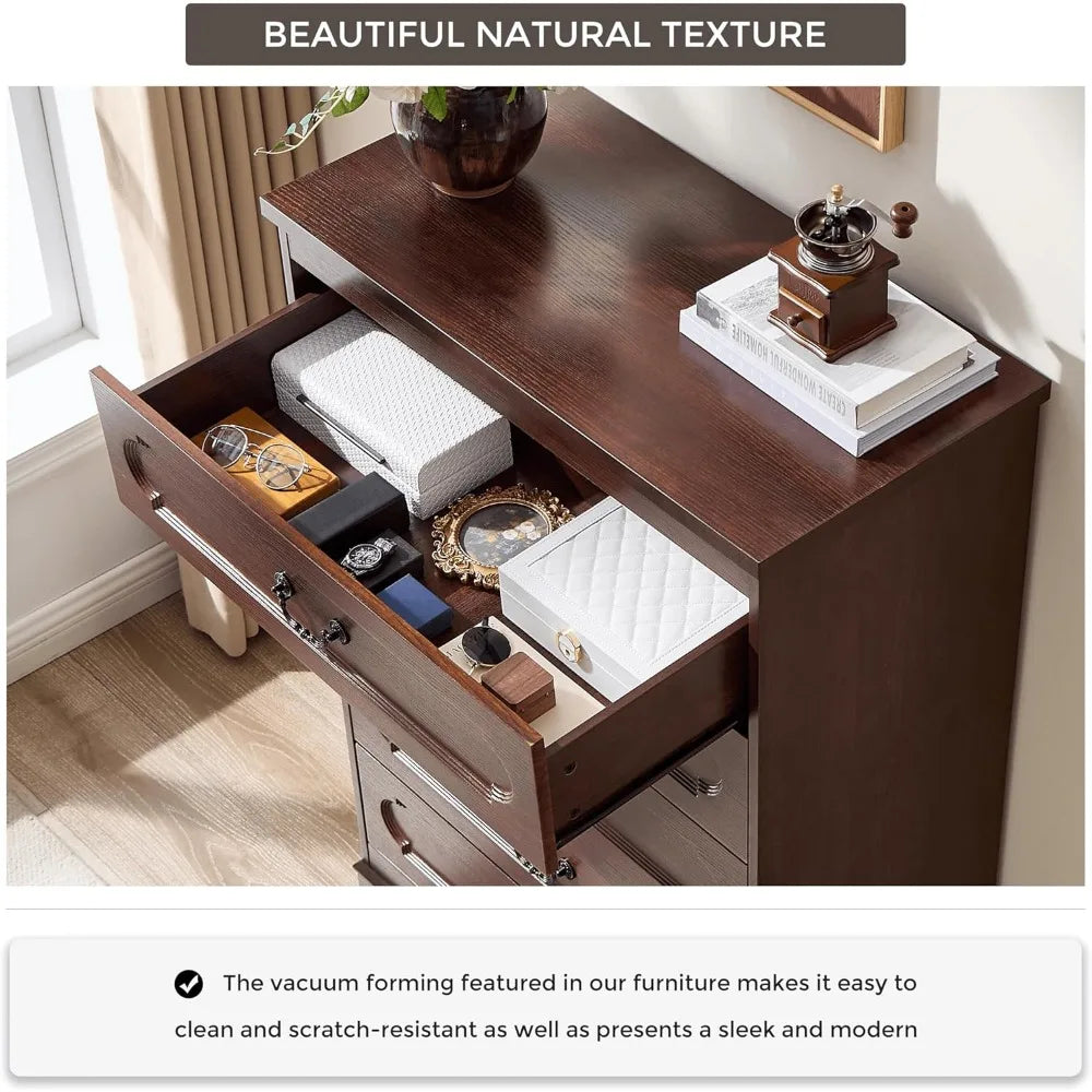 5 Drawer Dresser for Bedroom Farmhouse Cherry Wood Chest of Drawers for Bedroom Dresser, Rustic 46" Tall Wide Drawers Dressers