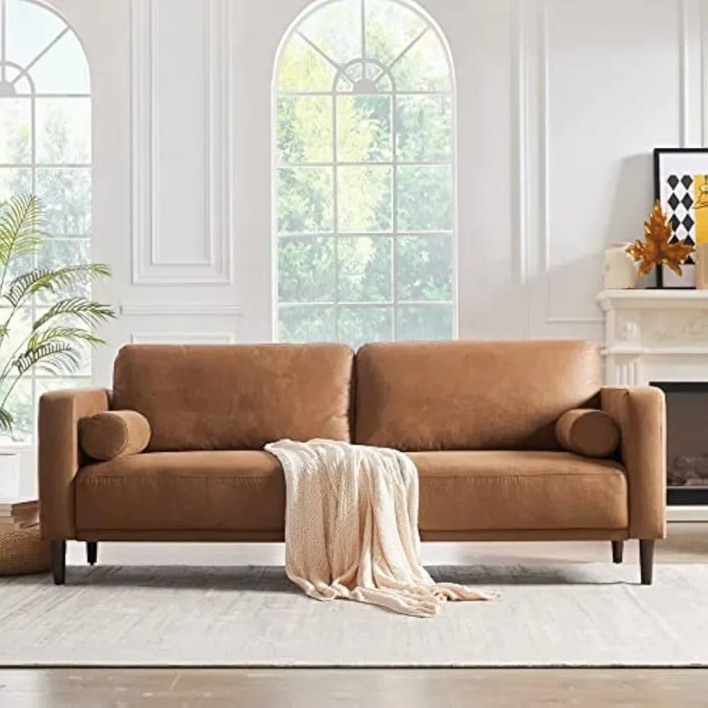 79" Mid-Century Modern Faux Leather Sofa | 3-Seat • Breathable Upholstery • Brown | Living Room/Office/Apartment