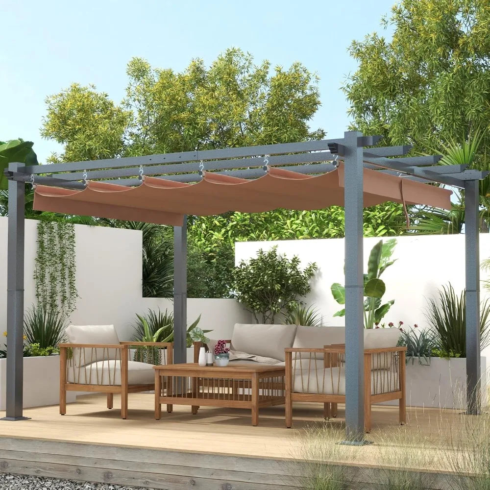 Outdoor Pergola, Upgraded Canopy with Adjustable Roof, Metal Patio Pergola with Brown Shade Cover for Backyard, Ga