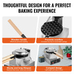 SucceBuy Commercial Egg Bubble Waffle Maker 1400W Non-Stick Stainless Steel Bubble Puff w/180° Rotatable 2 Pans & Wooden Handles