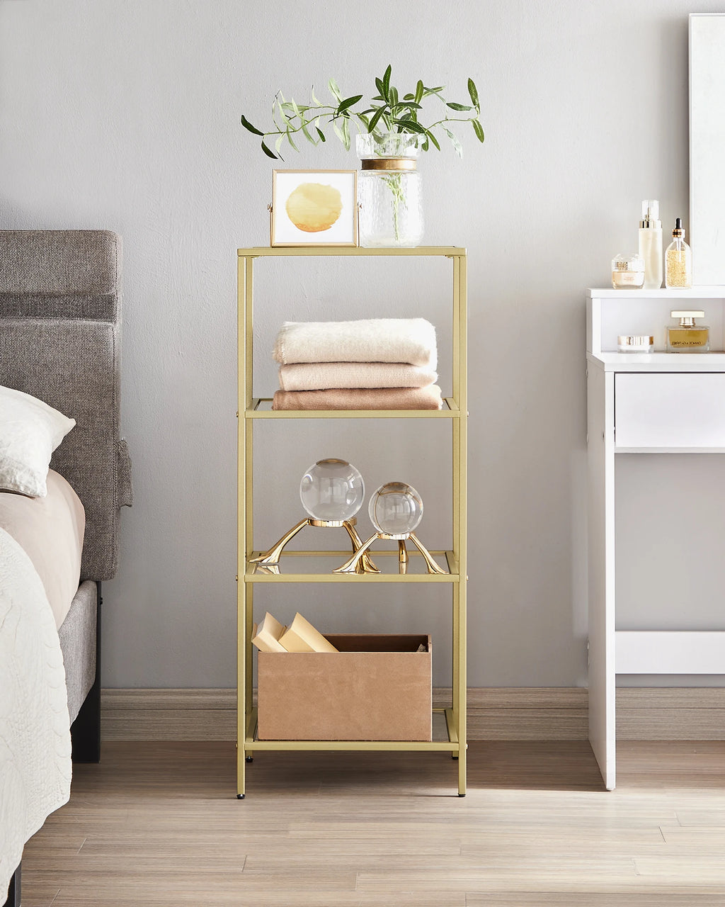 VASAGLE Bookcase, 4-Tier Bookshelf, Slim Shelving Unit for Bedroom, Bathroom, Home Office, Tempered Glass, Steel Frame