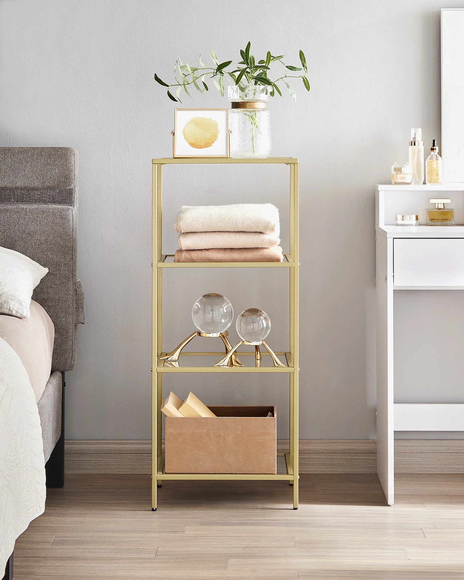 VASAGLE Bookcase, 4-Tier Bookshelf, Slim Shelving Unit for Bedroom, Bathroom, Home Office, Tempered Glass, Steel Frame