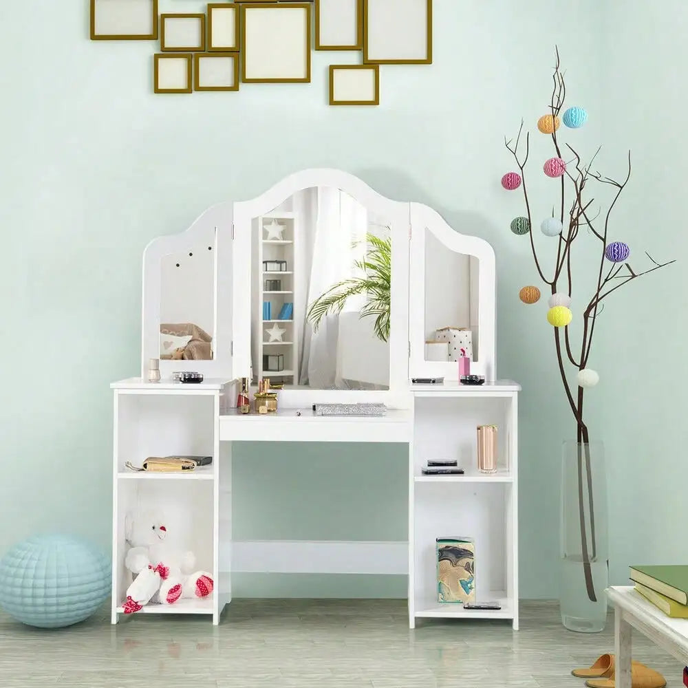 Vanity Table Set Makeup Dressing  Girls Study Table Tri Folding Mirror