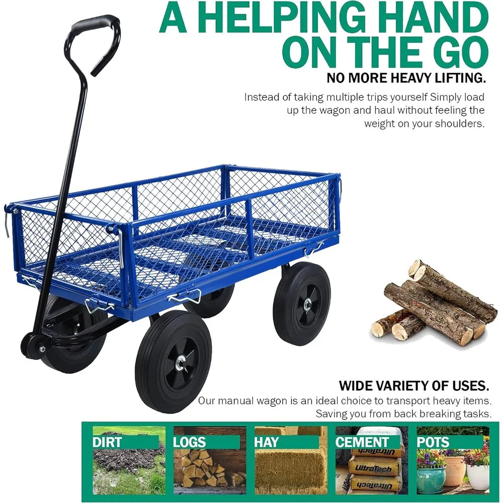 Solid Wheels 10" Flat Free Tires Steel Garden Wagon cart A Large-Capacity mesh with a Load of 1100LBS,with Detachable Side and n