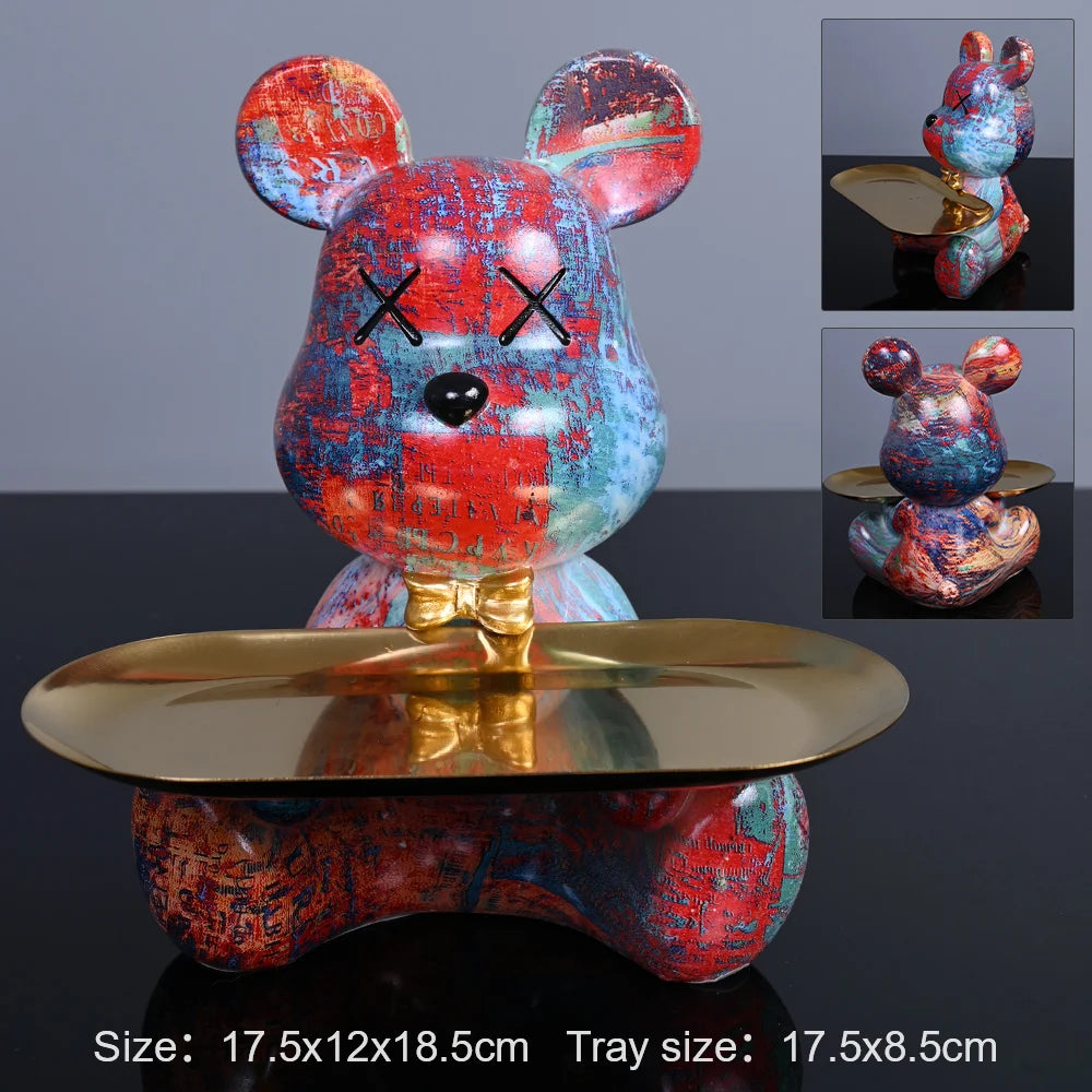 Interior Resin Colorful Bear with Tray for Keys Holder Table Decoration Accessories Animal Figurine Decorative Statues Home Gift