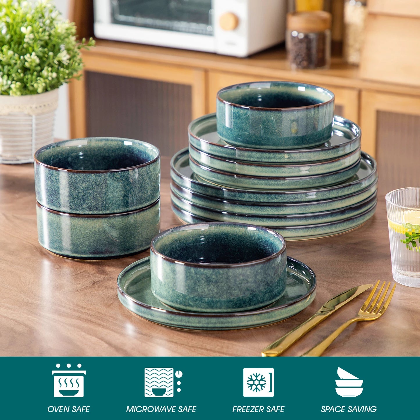 vancasso 12/24/36Piece Dinner set Black Green Reactive Glaze Vertical edge Dinnerware set with 4PCS Dinner Plate/ Dessert/Bowl