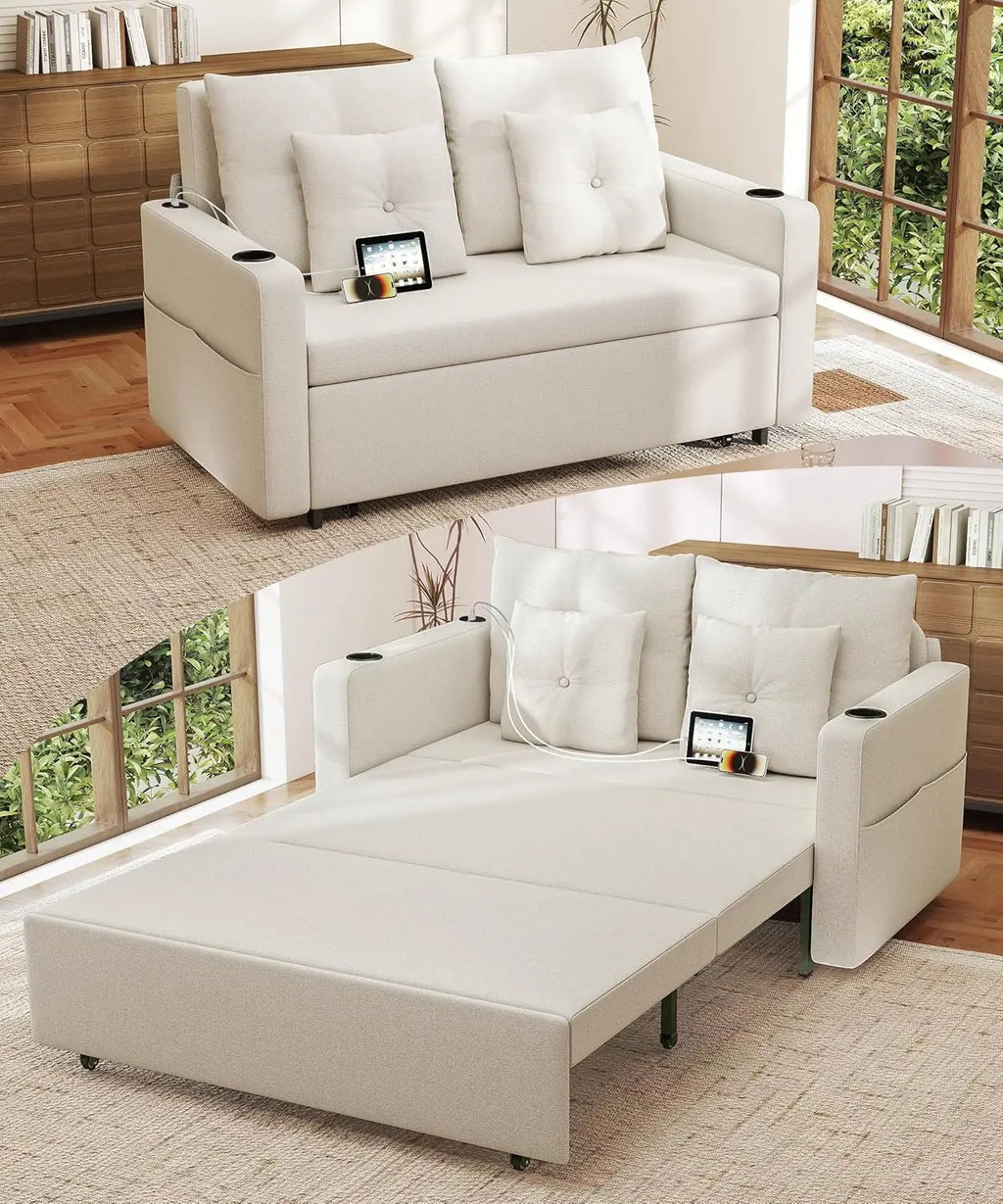3-in-1 56" Convertible Sofa Bed: Loveseat Sleeper with Cup Holders, USB – Living Room, Bedroom, Apartment