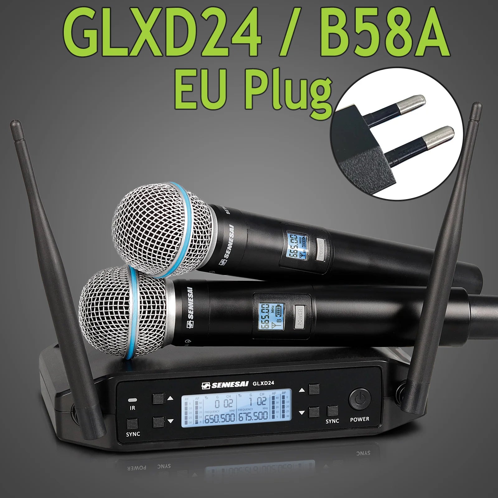 SENNESAI GLXD24 B58 Professional Dual Wireless Microphone 600-699MHz System Stage Performances UHF Dynamic 2 Channel Handheld