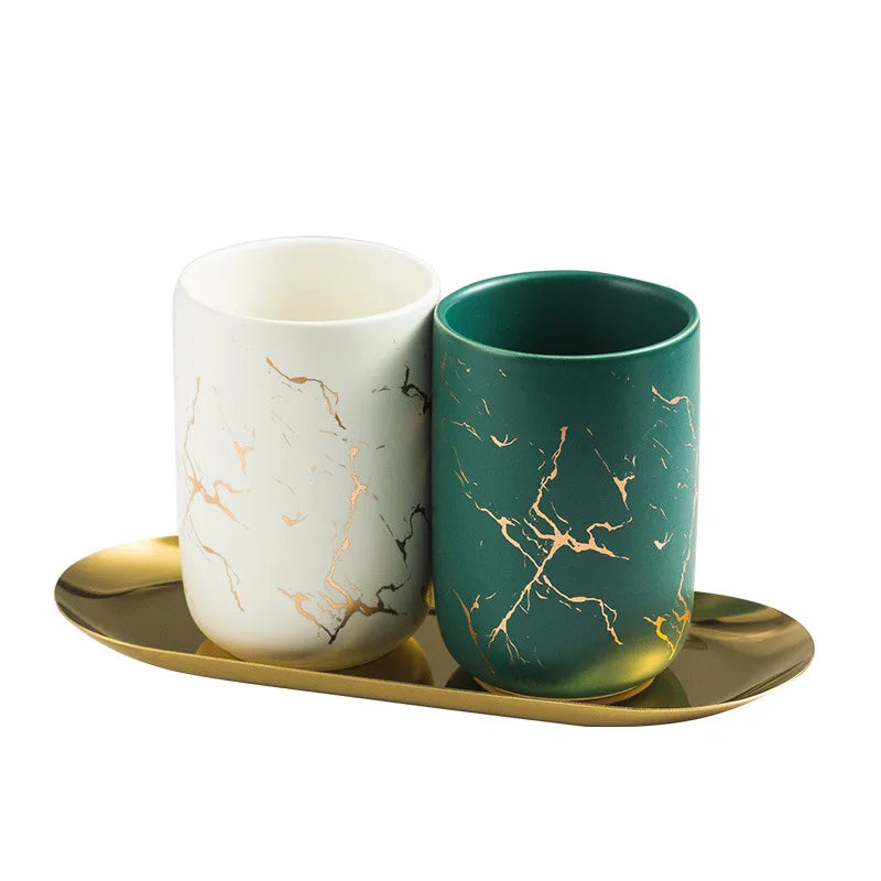 Creative Marbled Gold Plated Mouthwash Cup Couple Toothbrush Holder Bathroom Accessories Ceramic Mouthwash Cup Home Decoration