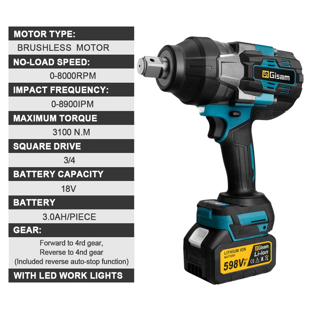 Gisam 3100N.M Torque Brushless Electric Impact Wrench 3/4 inch Cordless Electric Wrench Power Tools for Makita 18V Battery Pin