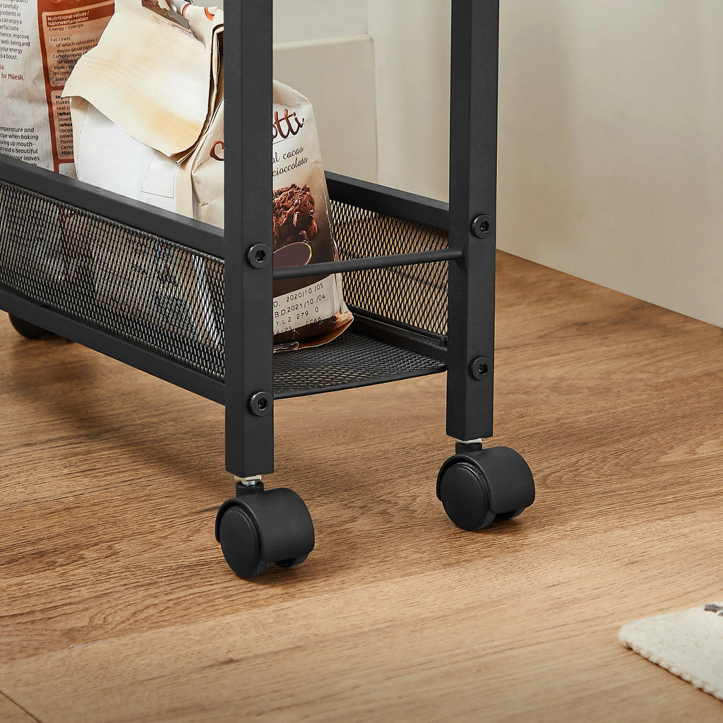 VASAGLE 4-Shelf Trolley, Space-Saving Kitchen Cart with Wheels, Steel Frame, Handle, Trolley for Small Spaces, Kitchen Bathroom