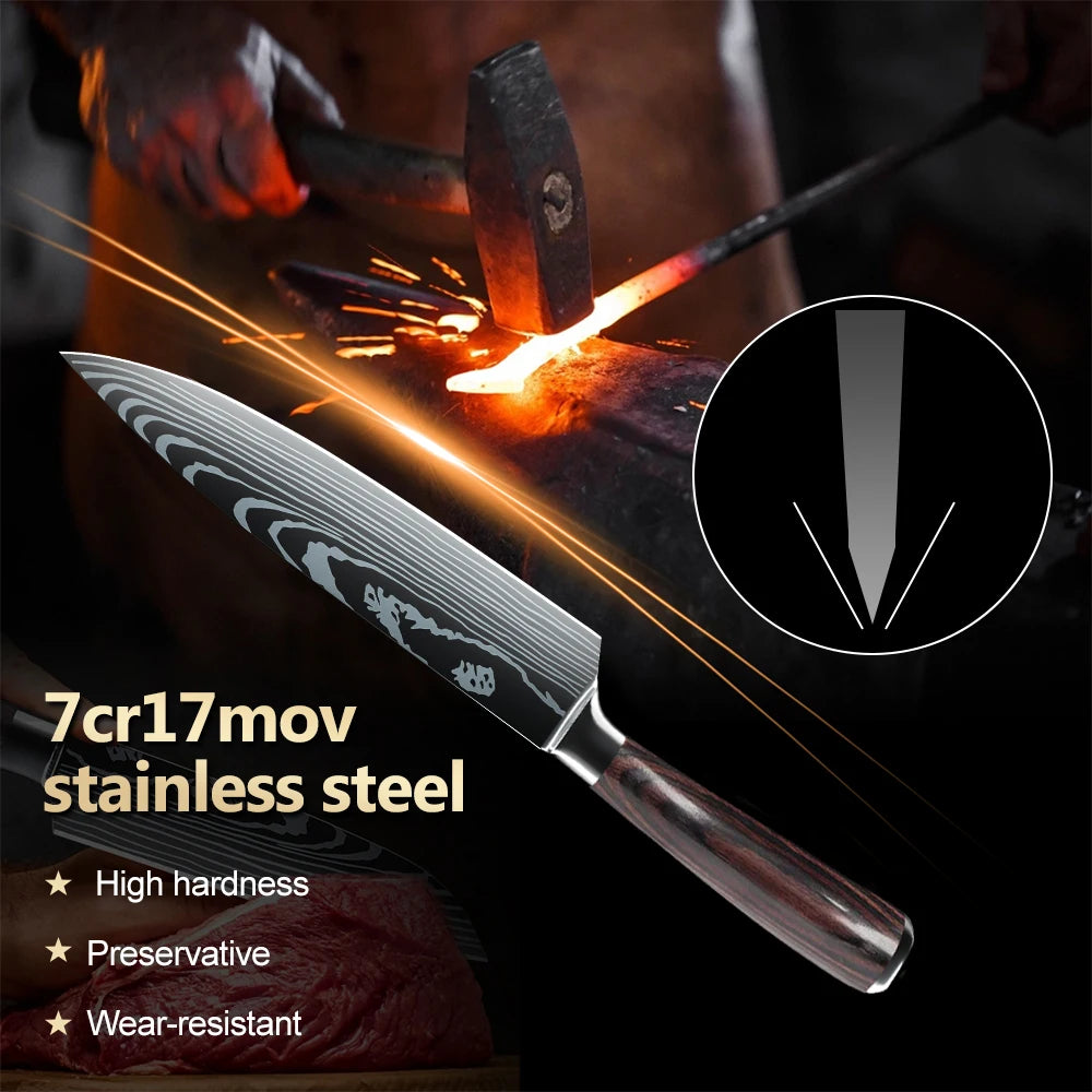 Kitchen Knives Set 10pcs Professional Chef Knives 7CR17 440C High Carbon Stainless Steel Sharp Santoku Boning Knife Gift Case Se