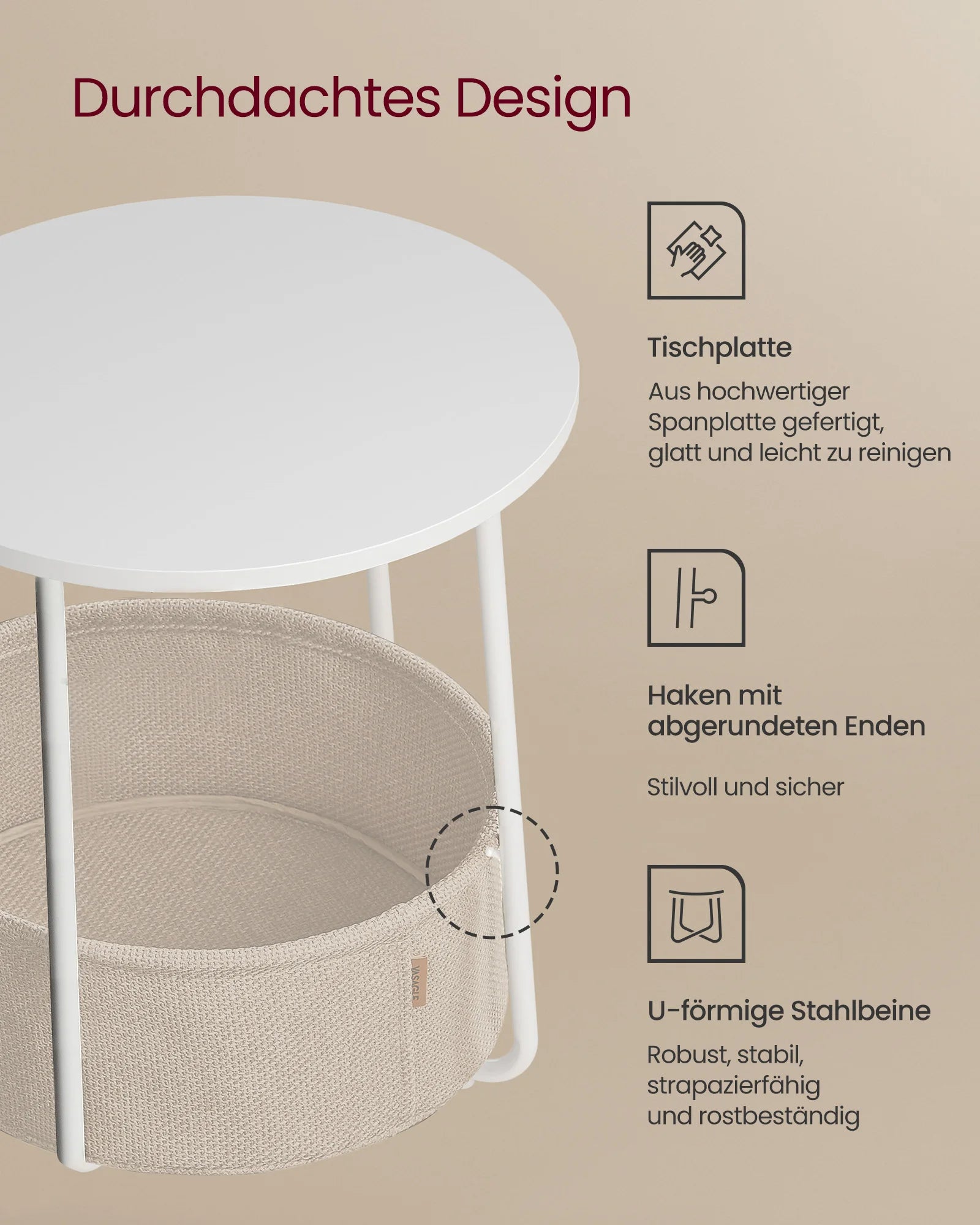 VASAGLE side table round small table coffee table small living room table with fabric basket living room storage space