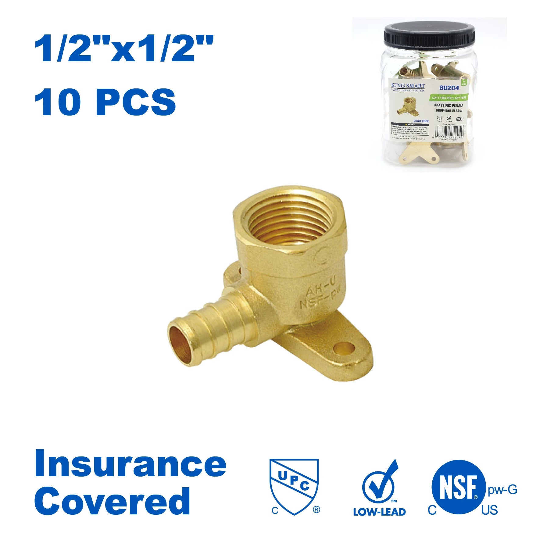 KING SMART Crimp/F1807 PEX 1/2" * 1/2" Female NPT Drop Ear Elbow; Lead Free Brass; 10Pcs/Case; 80204