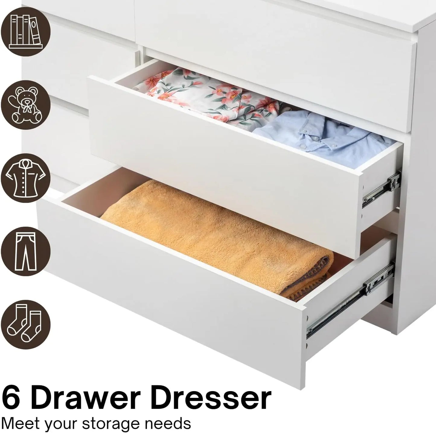 White 6 Drawer Dresser for Bedroom 55 Inch Long Wood Dresser with Large Storage Chest of Drawers