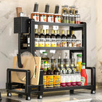 Kitchen Spice Rack Organizer, 3 Tier Adjustable Metal Storage with Knife Holder Hooks Black