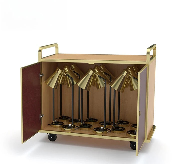 Hotel and restaurant kitchens with heating lamps, transportation and storage trucks