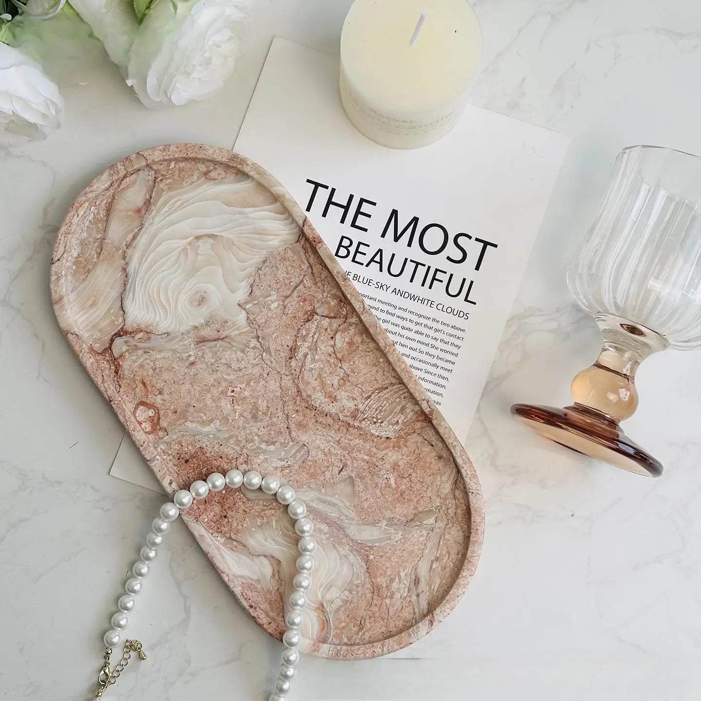 Luxury Green Marble Oval Tray: Bathroom Organizer & Fruit Serving Platter, Waterproof Stone Decor for Hotel Spa Home Kitchen