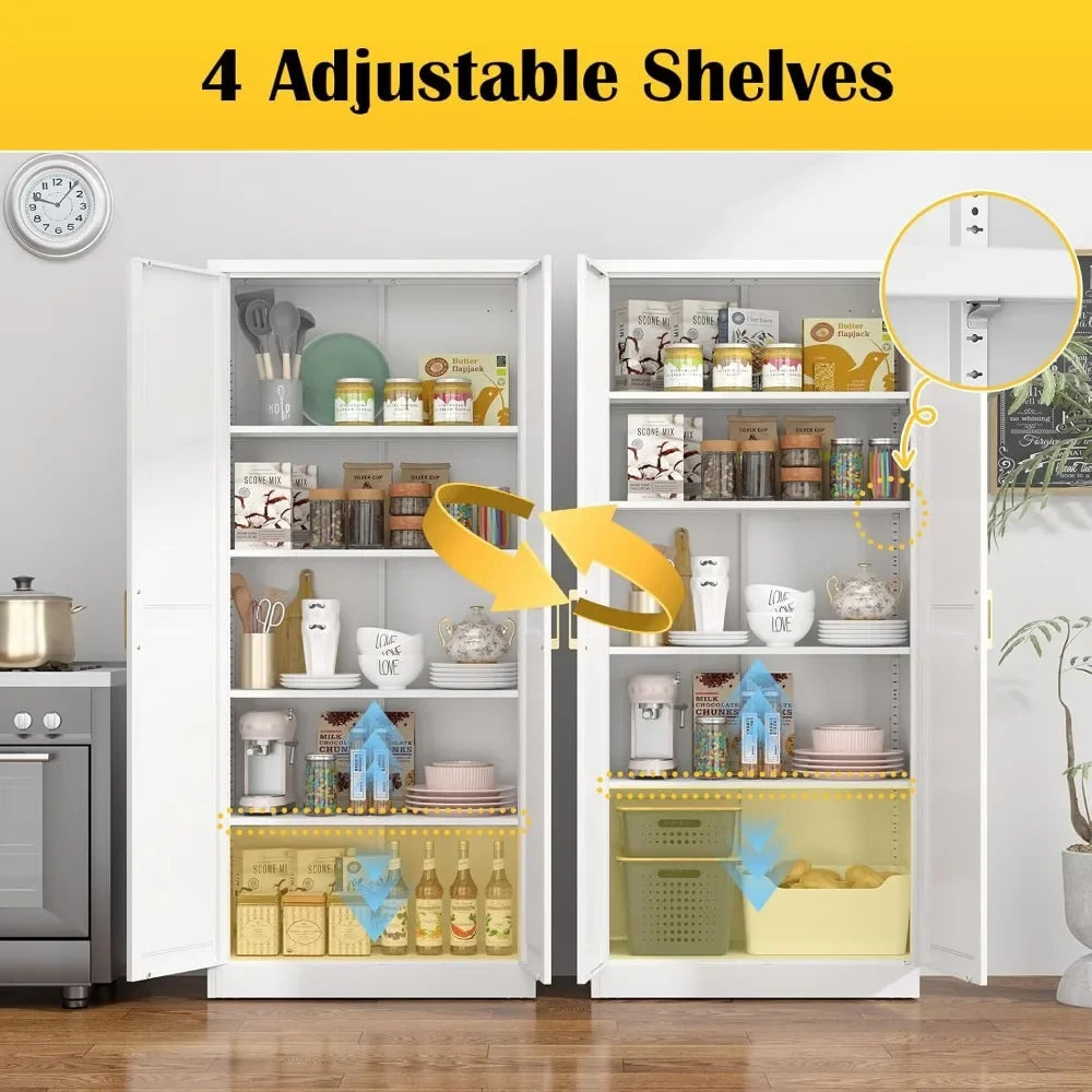 Kitchen Pantry Cabinet,71”White Metal Pantry Storage Cabinet with Doors and 4 Adjustable Shelves,Kitchen Cabinet with 2