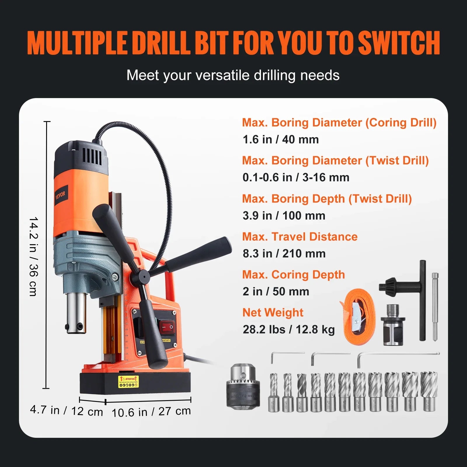 VEVOR 1300W 1400W 2" Electric Drilling Machine Magnetic Drill Press Boring Diameter Power Drill 810 PRM 1-second Release Drill