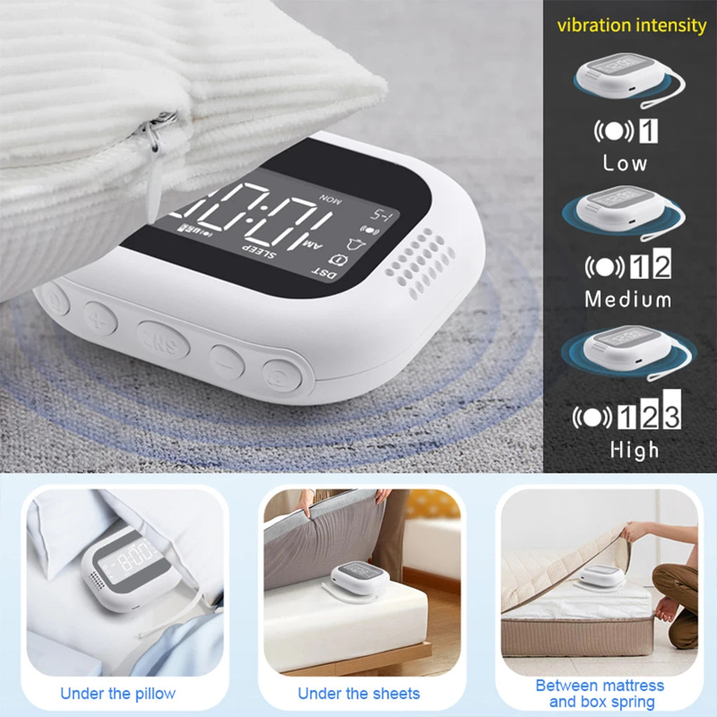 Rechargeable  Vibrating Alarm Clock Wireless Loud Alarm Clock With White Noise Deep Sleep Digital Travel Clock Snooze Function
