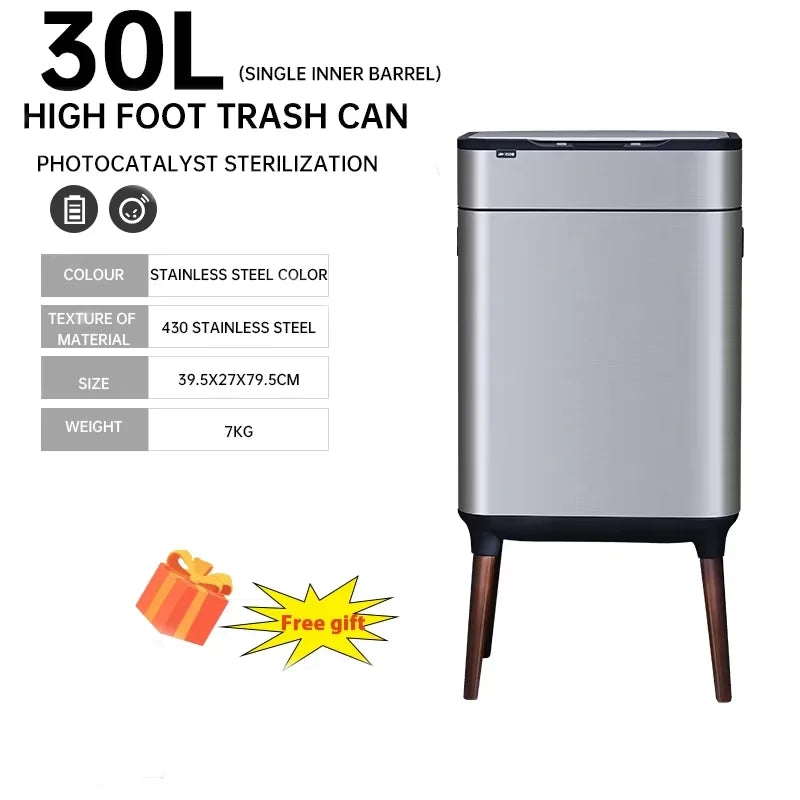 30L Smart Sensor Trash Can Bathroom Kitchen Tall Trash Can Light Luxury Stainless Steel Large Capacity Waterproof Free Gift