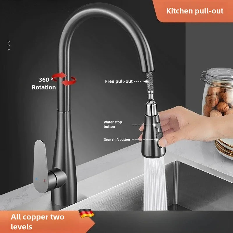 2024new Kitchen Faucets Brass material Pull Out Kitchen Sink Water Tap Deck Mounted Mixer Stream Sprayer Head Hot Cold Taps